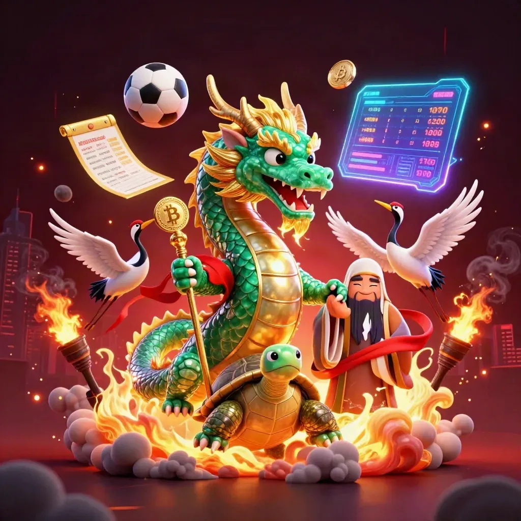 Dragon, turtle sage, cranes, coins, fire, soccer ball, and basketball in neon casino action.
