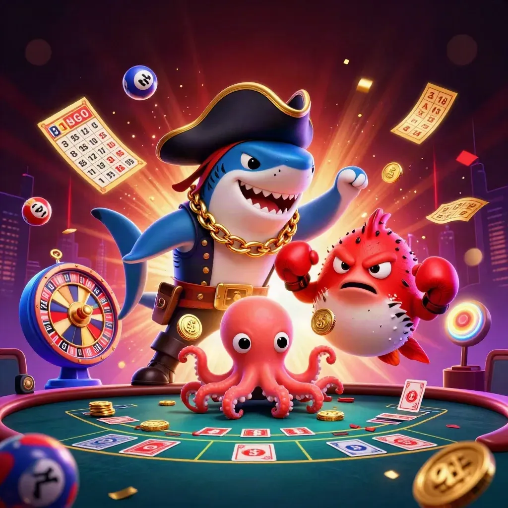 Shark pirate, red pufferfish, and baby octopus amid spinning casino lights and gold coins.