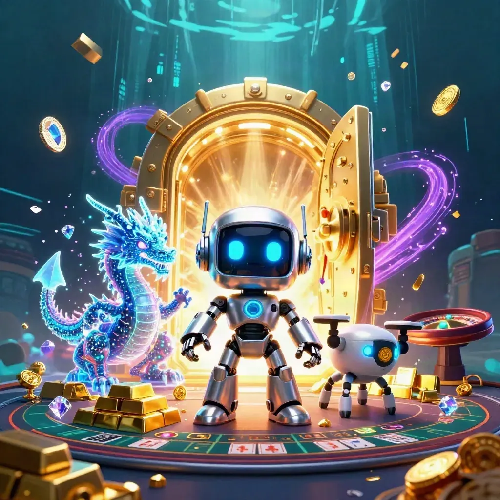 Robot mascot, holographic dragon, and coin drone amid vault treasure and neon casino lights