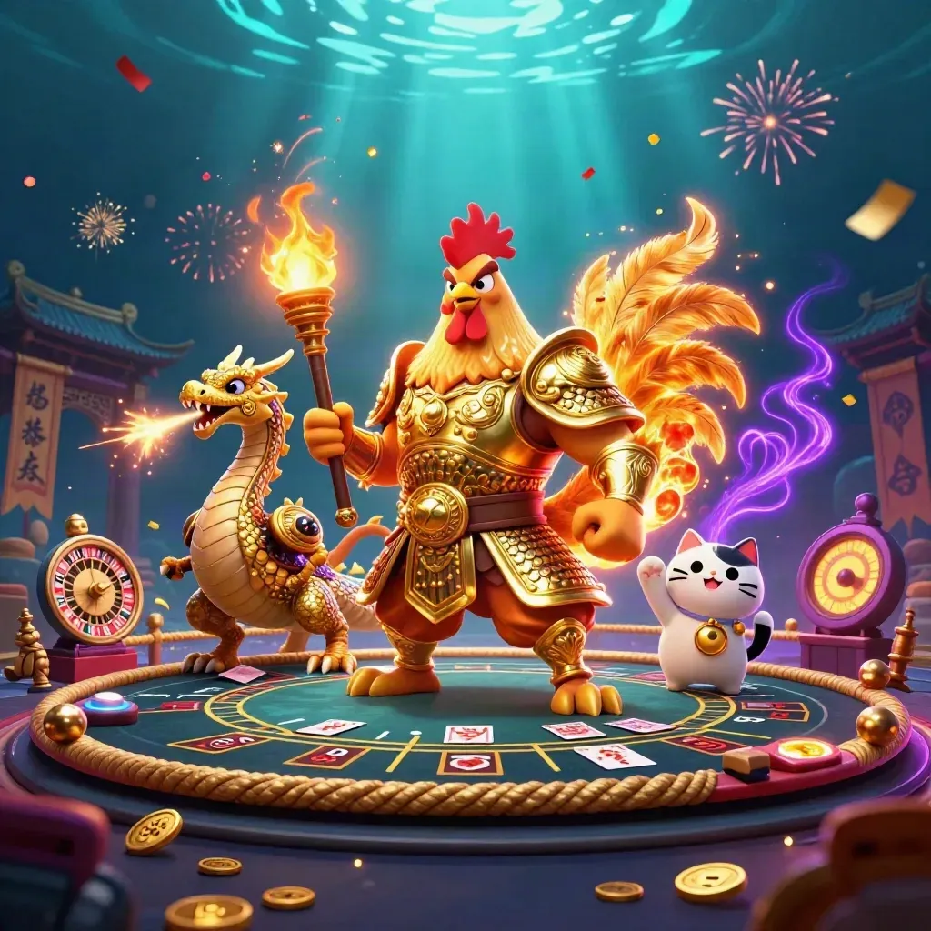 Rooster warrior, dragon hatchling, and fortune cat in a neon casino temple splash screen.