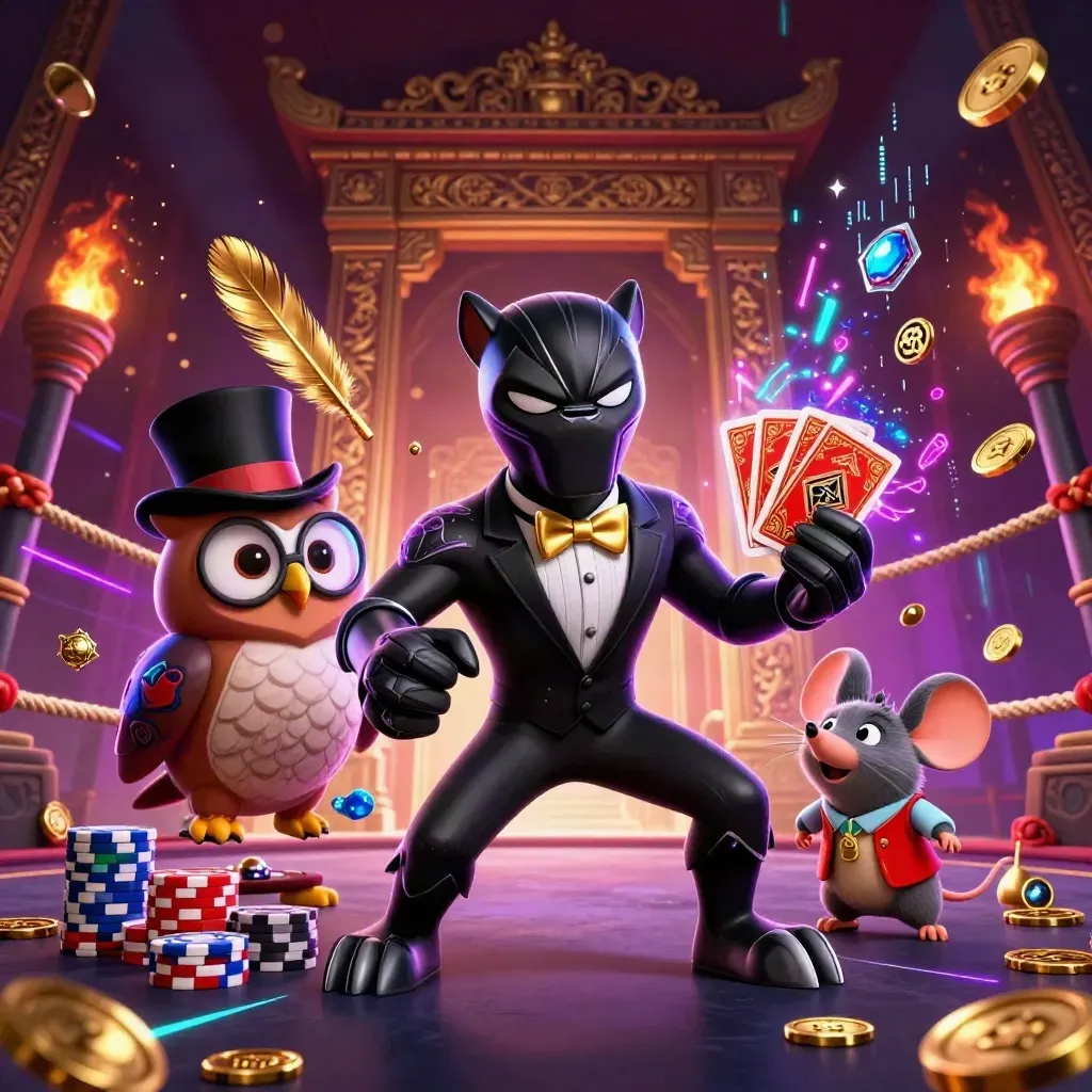 Black panther, owl, and mouse casino heroes amid gold coins, violet neon, and temple glow.