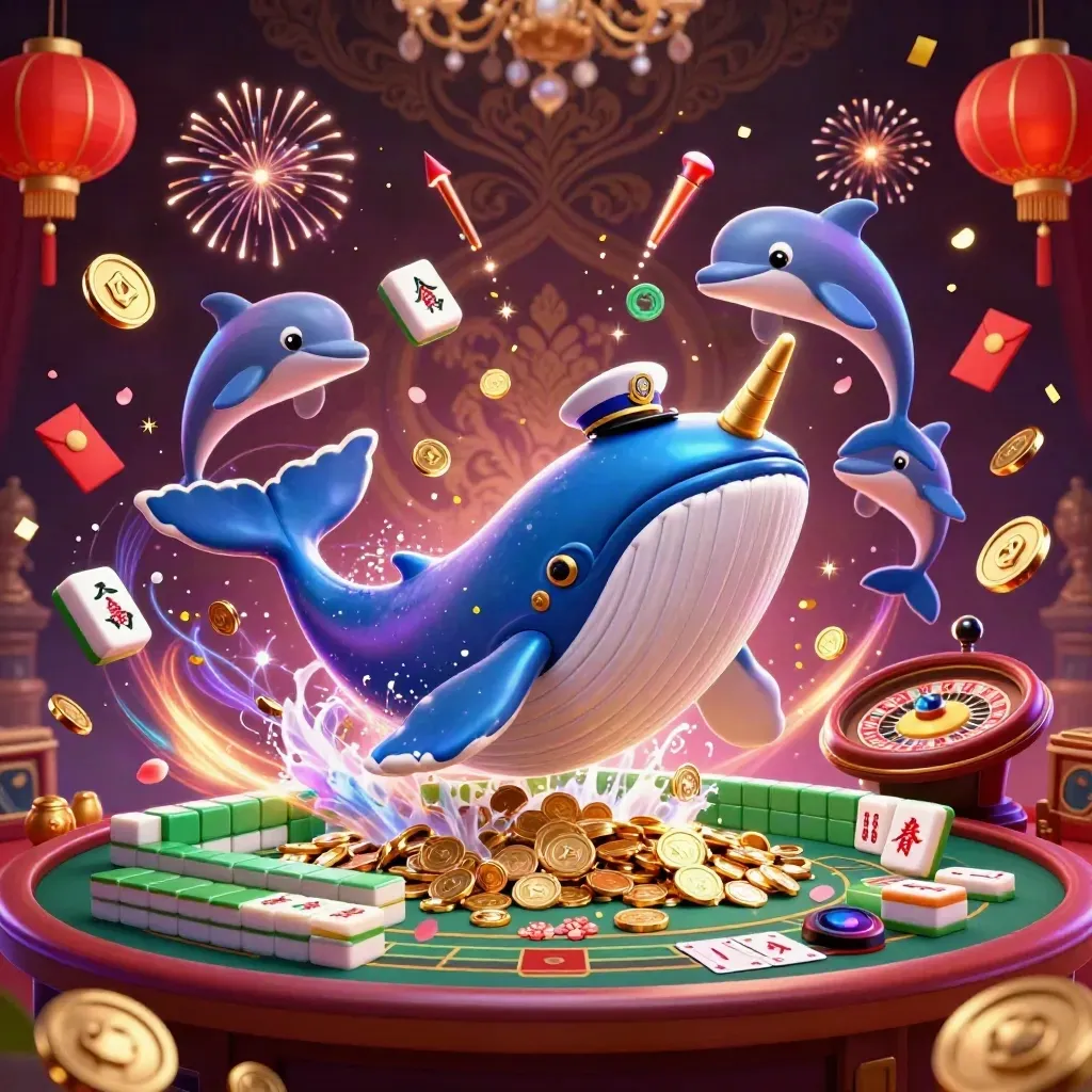 Whale captain, narwhal and dolphins burst from gold coins amid casino lights and fireworks.