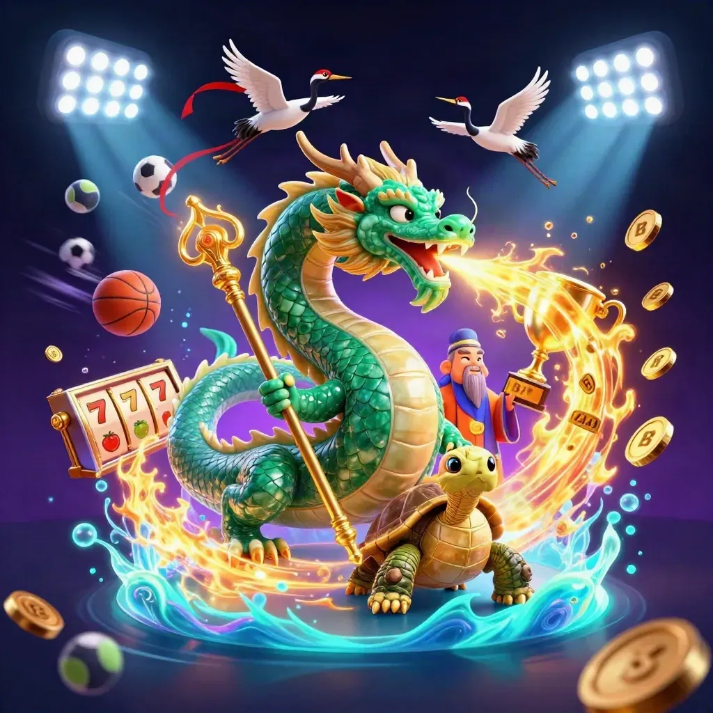 Jade dragon, turtle sage, and cranes amid casino effects, coins, reels, and neon glow.