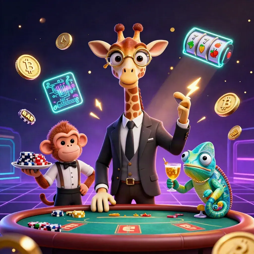 Giraffe, monkey, and chameleon casino heroes with neon coins and lightning in a dark VIP splash scene.